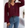 Women's Autumn and Winter Solid Color V-neck Button Twist Lantern Sleeve Pullover Sweater