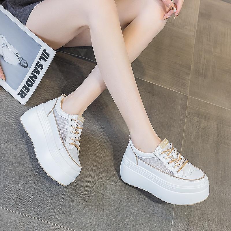 Fujin 8 см из полой воздушной сетки из коровьей кожи на танкетке, дышащие римские лаконичные вулканизированные летние женские массивные кроссовки