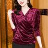 Plus Size Gold Velvet V-Neck Long Sleeve Shirt - Women's Autumn/Winter 2025 Collection