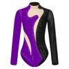 Womens Color Block Patchwork Leotard Sparkling Rhinestone Sheer Mesh Long Sleeve Bodysuit for Gymnastics Acrobatics Dance