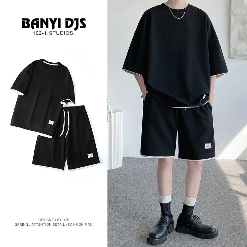 Костюм вафельный летний мужской с короткими рукавами футболка шорты тонкий