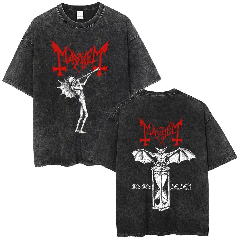Washed Vintage Rock Band Mayhem Double Sided Print T-shirt Death Black Metal T Shirts Retro Gothic Punk T-shirts Unisex