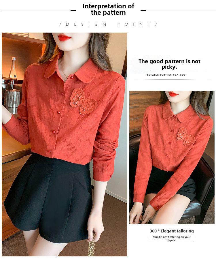 Осень 2024 г. Женская рубашка с длинным рукавом из чистого хлопка с жаккардовой вышивкой