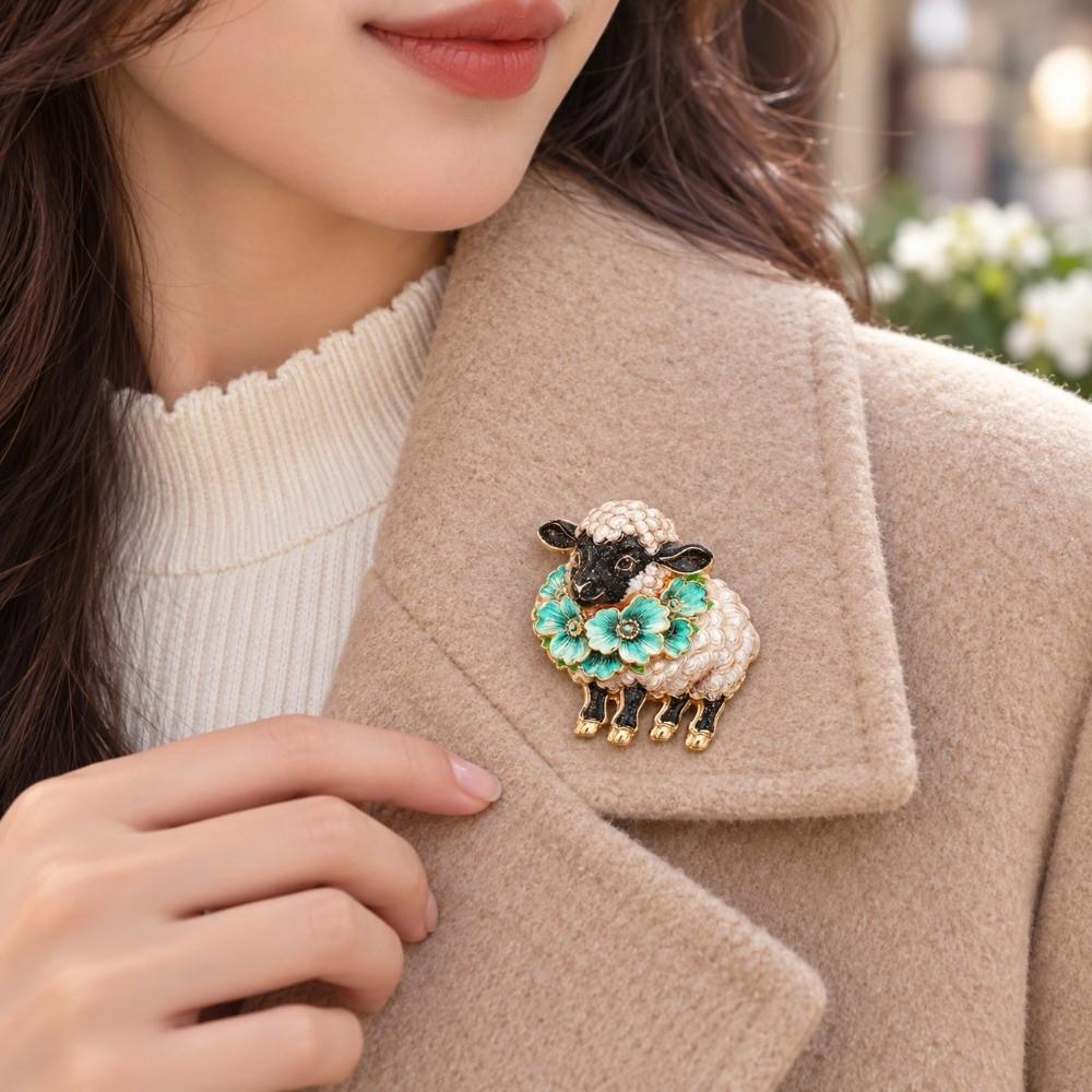 Enamel Painted Sheep Brooch Colorful Flower Flower Sheep Lapel Pin Outfit Styling