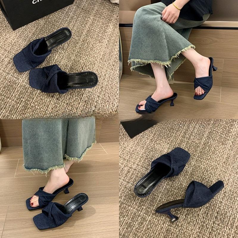 New Style Shoes Square-toed Shoes Thin-heeled One-strap Slippers Versatile High-heeled Sandals Slippers