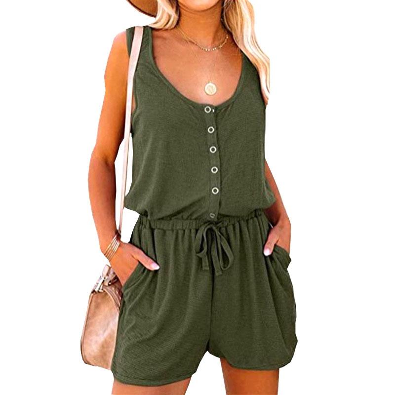 1pc Women's Summer Scoop Neck Sleeveless Button Down Tank Top Rompers Elastic Waist Shorts Outfits with Pockets