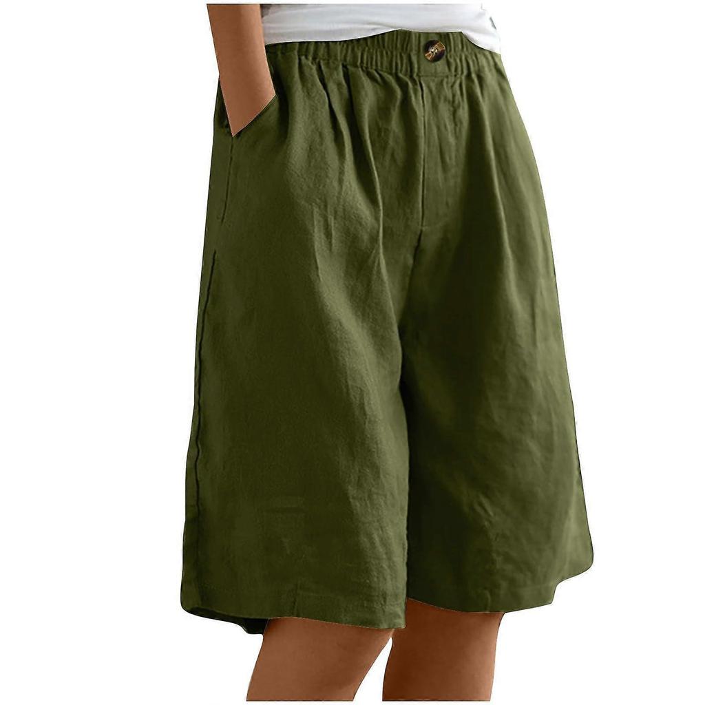Women's Summer Shorts Cotton Linen Capri Pants Knee Length Loose Wide Leg with Pockets CGreen XXL Plus Size Casual Pants