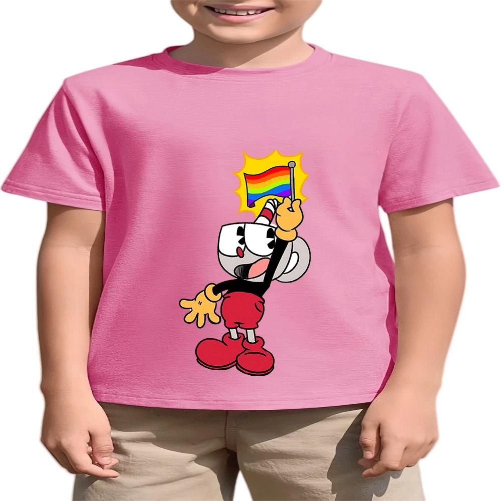 2026 Горячая Распродажа Мальчики Девочки Дети Cuphead Хлопковая Футболка Летняя Мода Мультяшный Принт 2-14Л