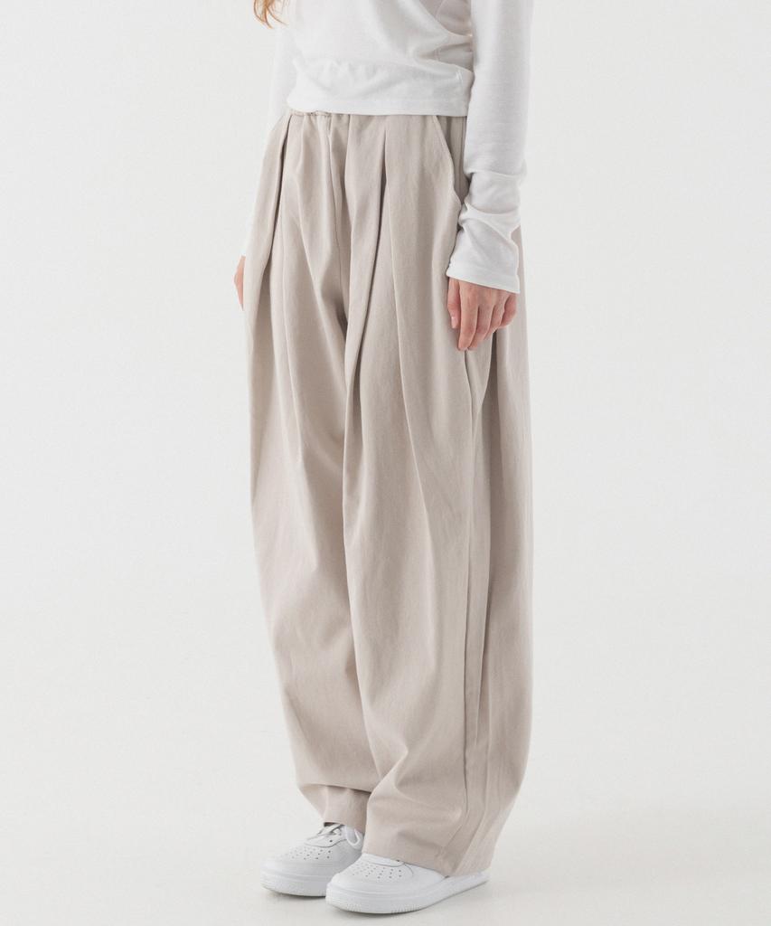 PIANER Pleated Wide Elastic Cotton Pants (Light Beige)