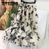 Длинная юбка, женская элегантная тюлевая юбка, винтажная повседневная юбка с вышивкой бабочки, эластичные сетчатые плиссированные юбки трапециевидной формы с высокой талией