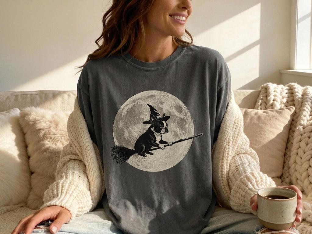 Witch Boston Terrier Comfort Colors Halloween T-Shirt: Moon Bostie Tee - Boston Terrier Lovers Gift, Bostie Mom Dad