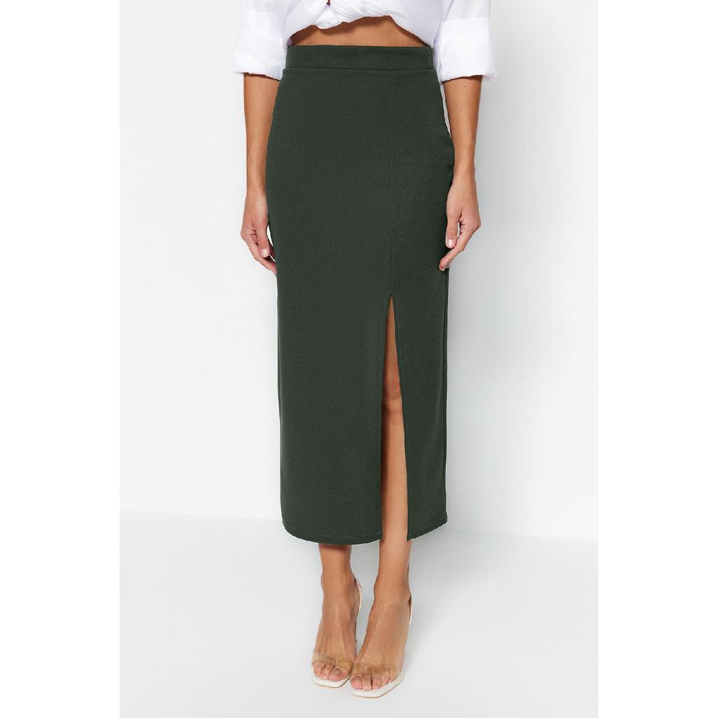 Black Smart Crepe Slit Detailed Maxi High Waist Stretchy Knitted Skirt Twoss23et00351