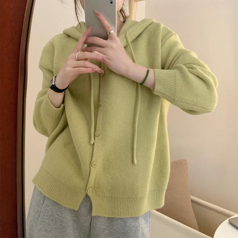 Корейский свитер, однотонный вязаный кардиган с капюшоном, женский весенне-осенний свитер, куртка, свободный повседневный свитер с шалью, женский кардиган