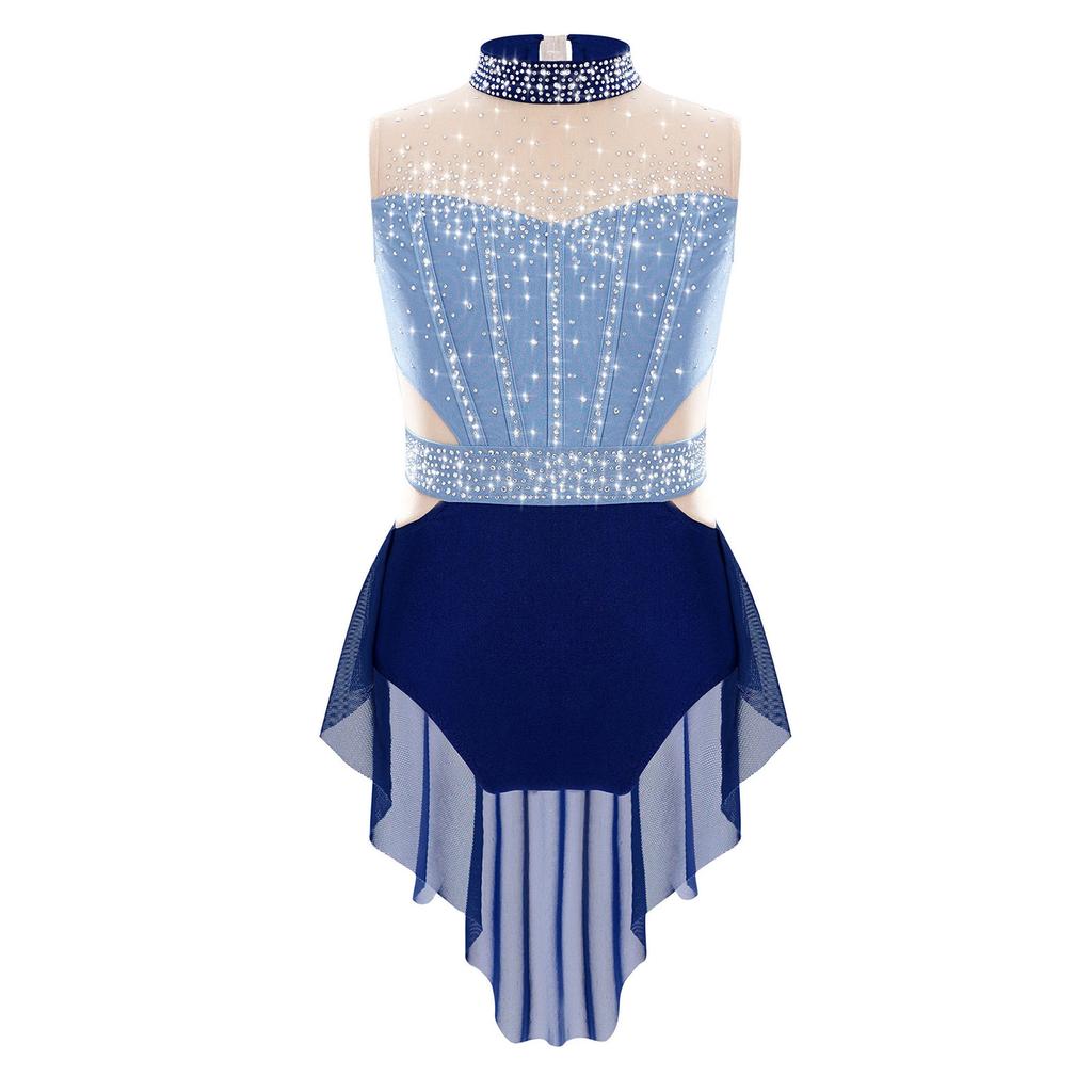 Kids Girls Ballet Gymnastics Dress Rhinestones Mesh Skirted Leotard Figure Ice Skating Jersey Lyrical Dance Performance Costume