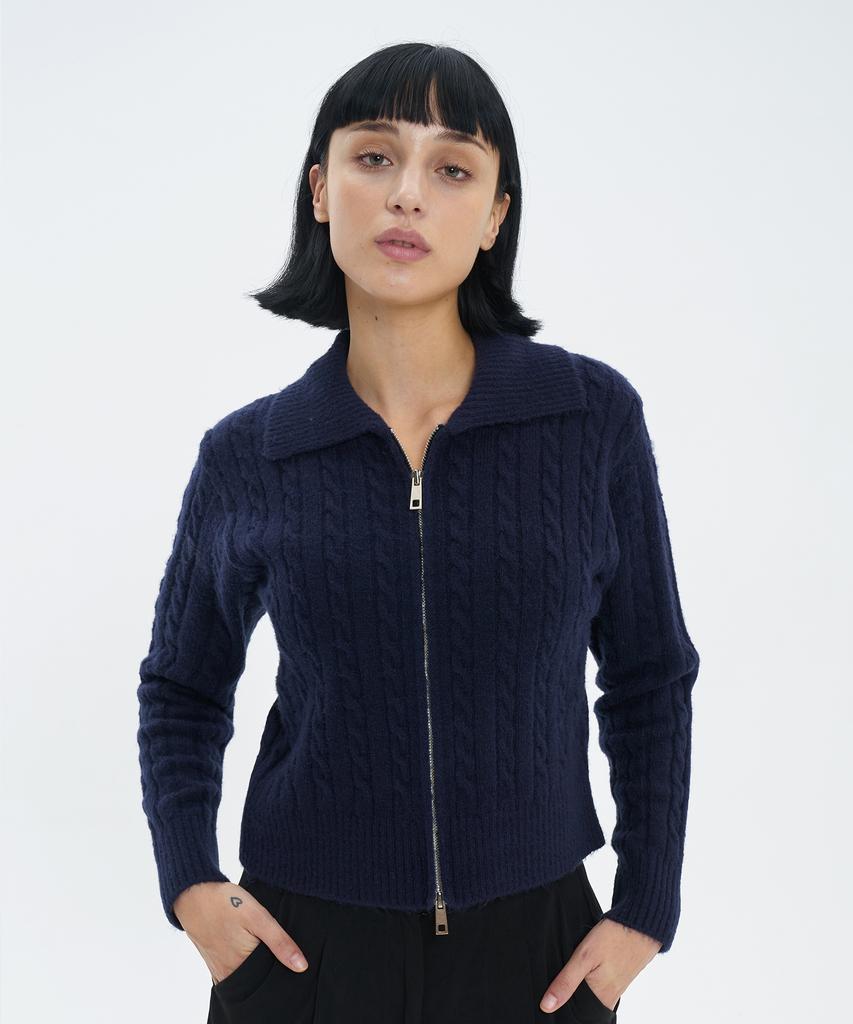 BLOND9 Fluffy Cable Knit Zip-Up_Navy