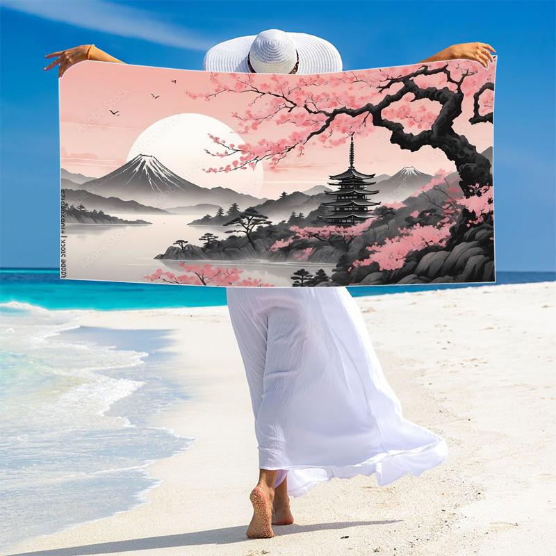 Mount Fuji Cherry Blossoms Print Beach Towel, Large Soft Quick Dry Towel for Beach Camping Swimming