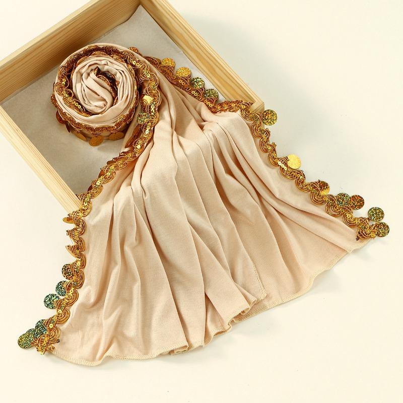 Горячая новинка, универсальный длинный шарф из мерсеризованного хлопка с пайетками, женский малайский, удобный и элегантный, однотонный, простой, головной платок