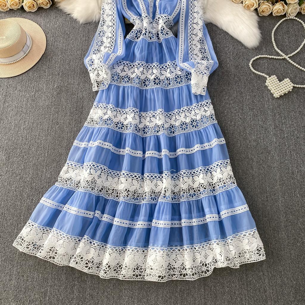 Роскошные Дизайнерские Осенние Вечерние Платья для Выпускного с Ажурной Вышивкой для Женщин, Кружевной Пэчворк, V-образный Вырез, Длинный Рукав-фонарик, Макси-платье