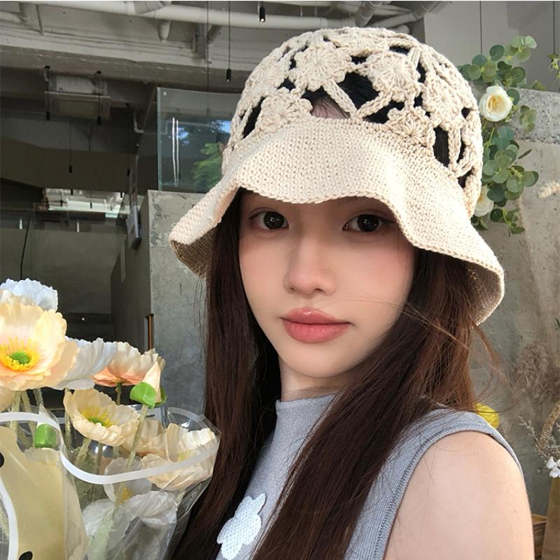 Японские вязаные крючком шапки-ведра ручной работы для женщин, летние, осенние, тонкие, дышащие, модные, универсальные, сладкие, вязаные шапки-ведра