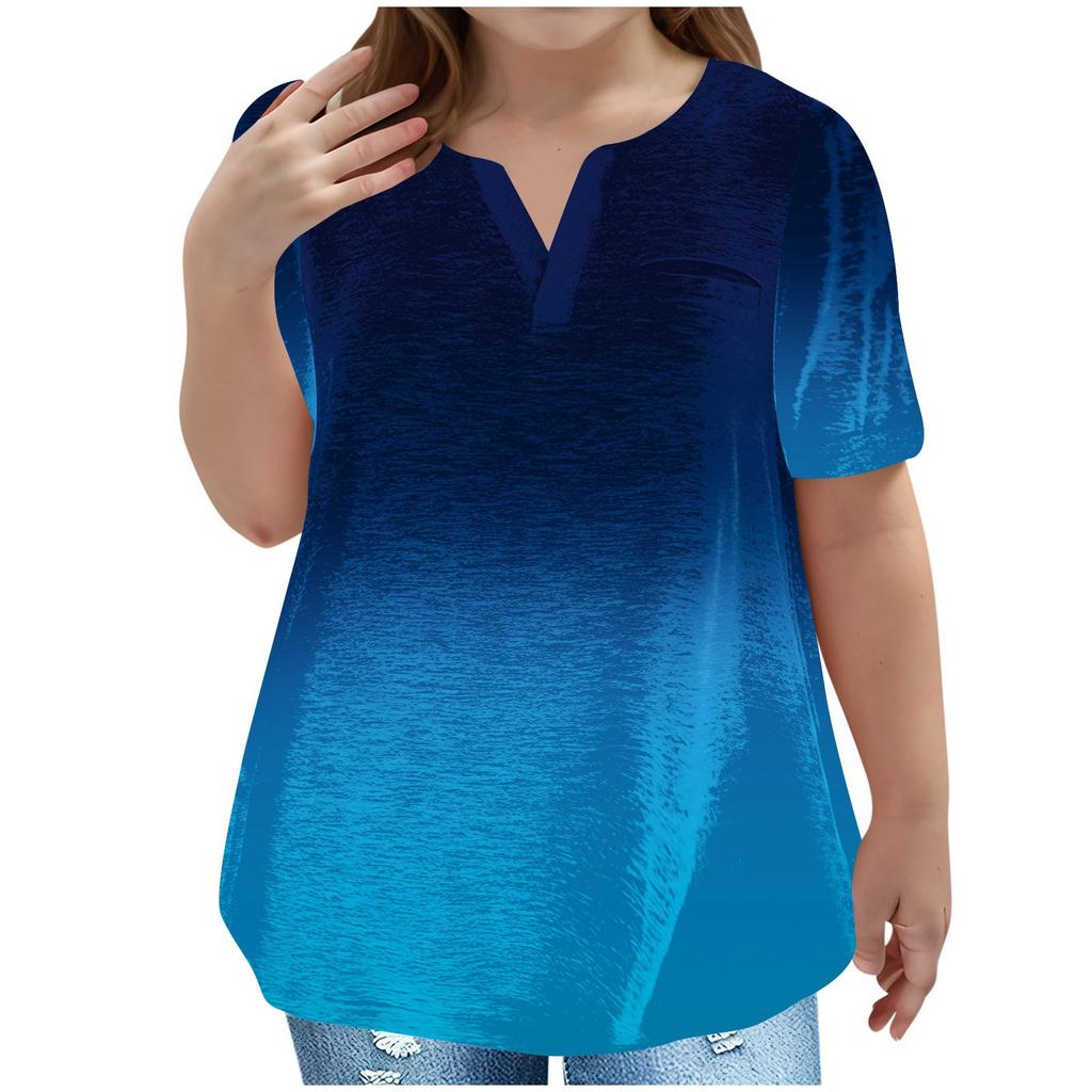 Children's Plus-size T-shirt Gradient Casual Fashion V-neck Short-sleeved Pocket Top