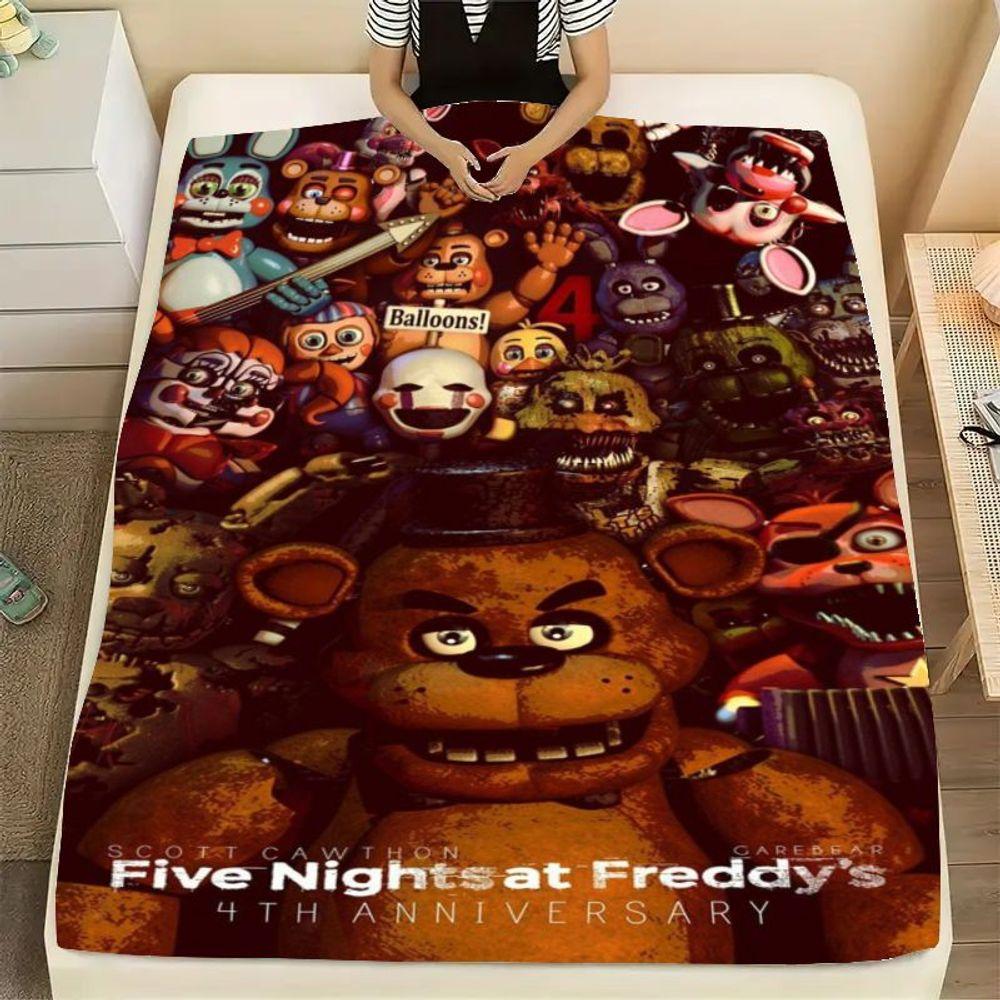 Плед к 4-й годовщине Five Nights at Freddy's - Уютный флисовый плед с изображением культовых аниматроников, включая Фредди Фазбеара, Клоу