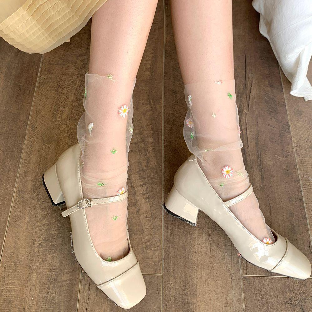 Kawaii Socks Women Summer Ultra-thin Transparent Loose Long Socks Floral Embroidery JK Lolita Sweet Girls Cute Mesh Lace Socks