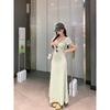 2025 Women's Summer Slimming Square Neck Maxi Dress with Short Sleeves and Chest Pad