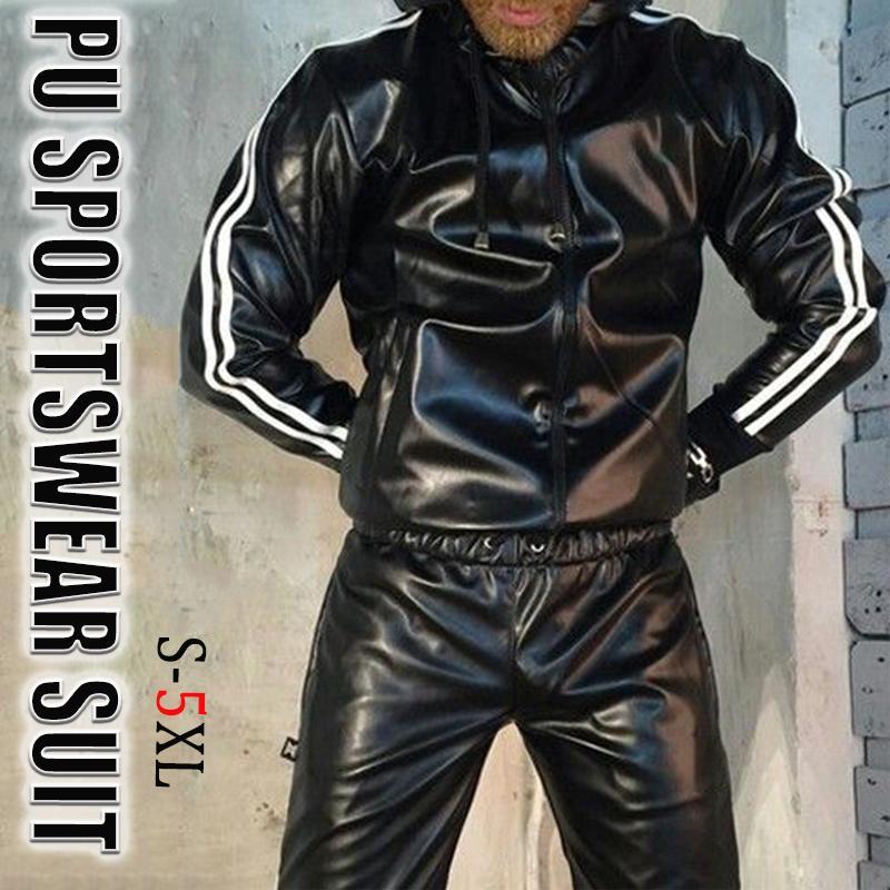 Мужской костюм с капюшоном из искусственной кожи, повседневная спортивная одежда, спортивный костюм с капюшоном, спортивная одежда, черный цвет, мужская спортивная одежда XS-5XL