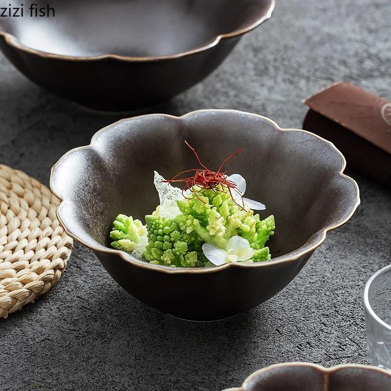 Ceramic Gold Border Flower Shaped Bowl Retro Salad Bowl Dessert Bowl Thick Soup Bowls Service Bowls Hotel Specialty Tableware