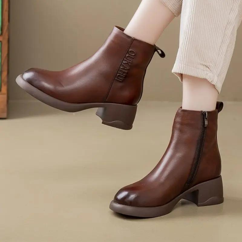Женские зимние ботинки с круглым носком, элегантные, на среднем каблуке, женская обувь, ботильоны из искусственной кожи, весна 2024, тренд, предложение, осенняя обувь, слип-работа