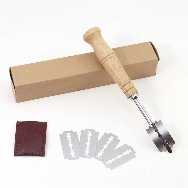 Stainless steel bread grooming knife wooden handle cutting knife European bag curved bread cutter baguette bread knife baking tool