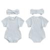 Наряд для новорожденной девочки, однотонный боди с короткими рукавами, круглым вырезом и повязкой на голову с бантом, летняя одежда