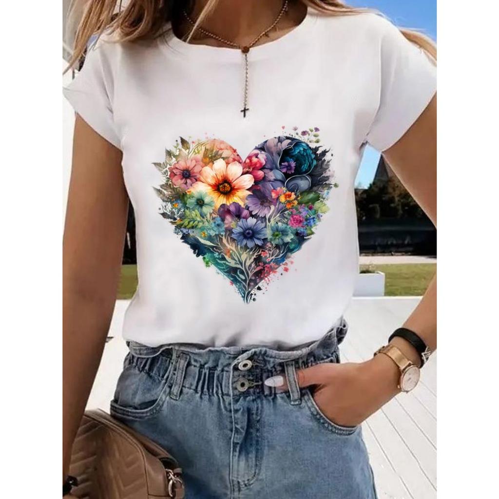 Floral Sweet and Cute Fashion Printing Women's O-neck Clothes T-shirt Short-sleeved Casual Daily Top