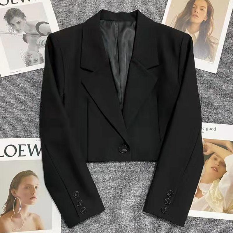 Korean Cropped Blazers Women Solid Color Simple Single-button Outwear Teens All-match Long Sleeve Office Suit Jacket