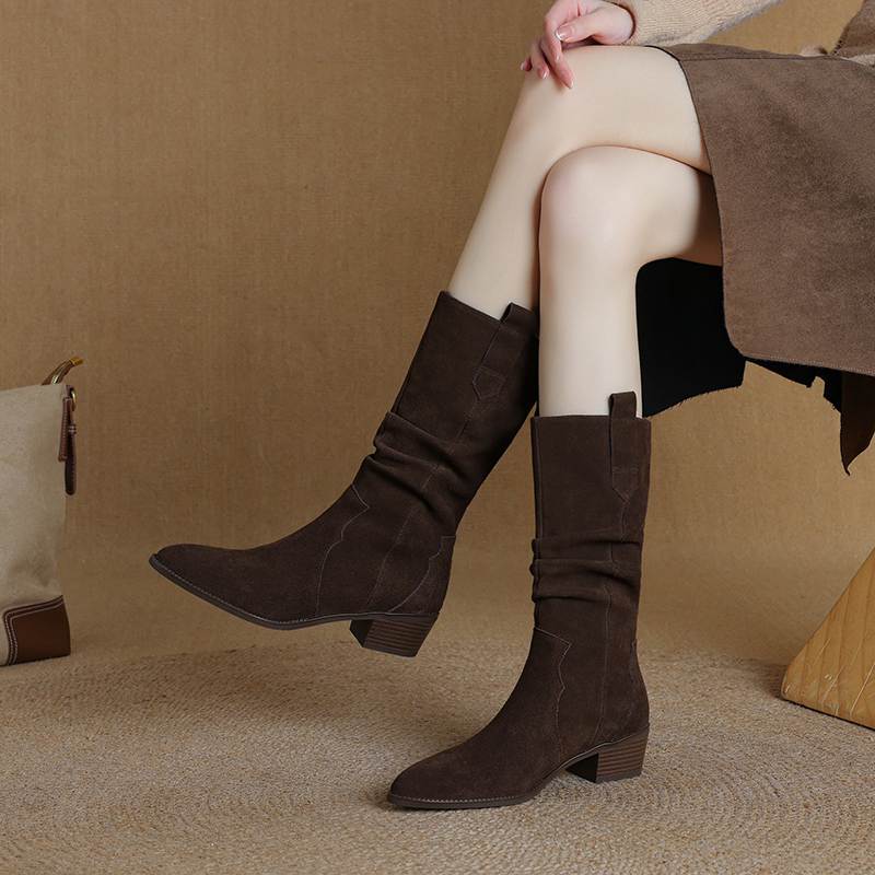 Krazing Pot Зимние женские сапоги из коровьей замши и нубука с круглым носком и средним каблуком, элегантные женские сапоги до середины голени в стиле ретро со складками
