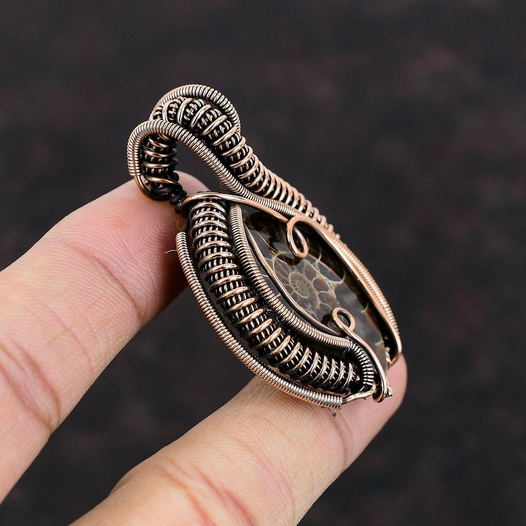 Ammonite Fossil Gemstone Pendant Copper Wire Wrapped Pendant Ethnic Jewelry Handmade Pendant Copper Jewelry Birthstone Pendant Gift For Her