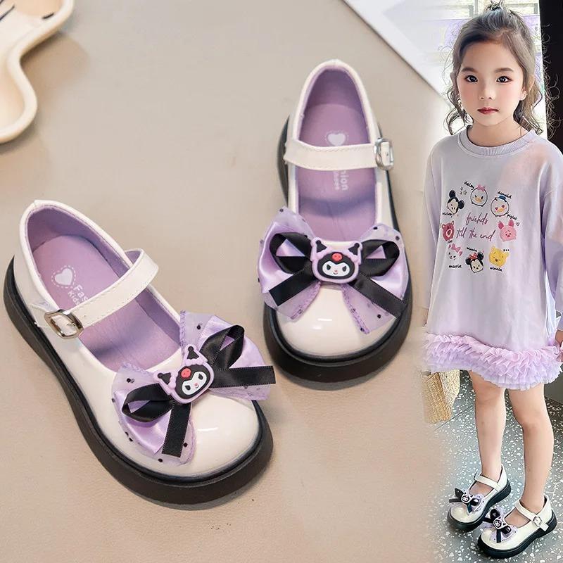 Kuromi Spring Autumn Children's Leather Shoes with Bowknot Versatile Girls Fashion Mary Jane Shoes Causal Kids Princess Shoes