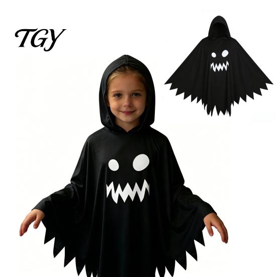 Black And White Ghost Cloak Halloween with Hood, Loose Fit Irregular Hem Costume Hooded Cape for Cosplay Party, Spooky Pullover Kids Adults