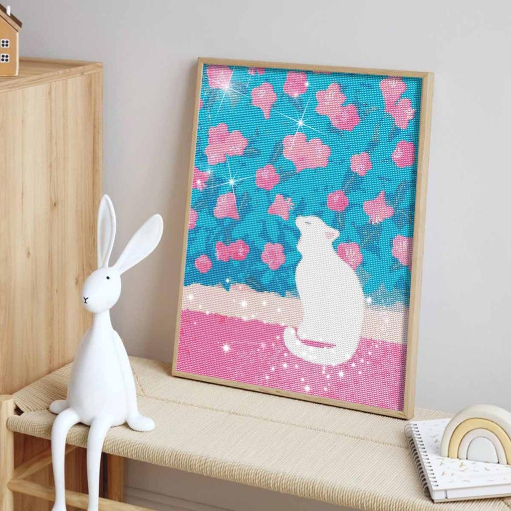 5D full round diamond painting set white cat flower garden living room decoration craft wall art
