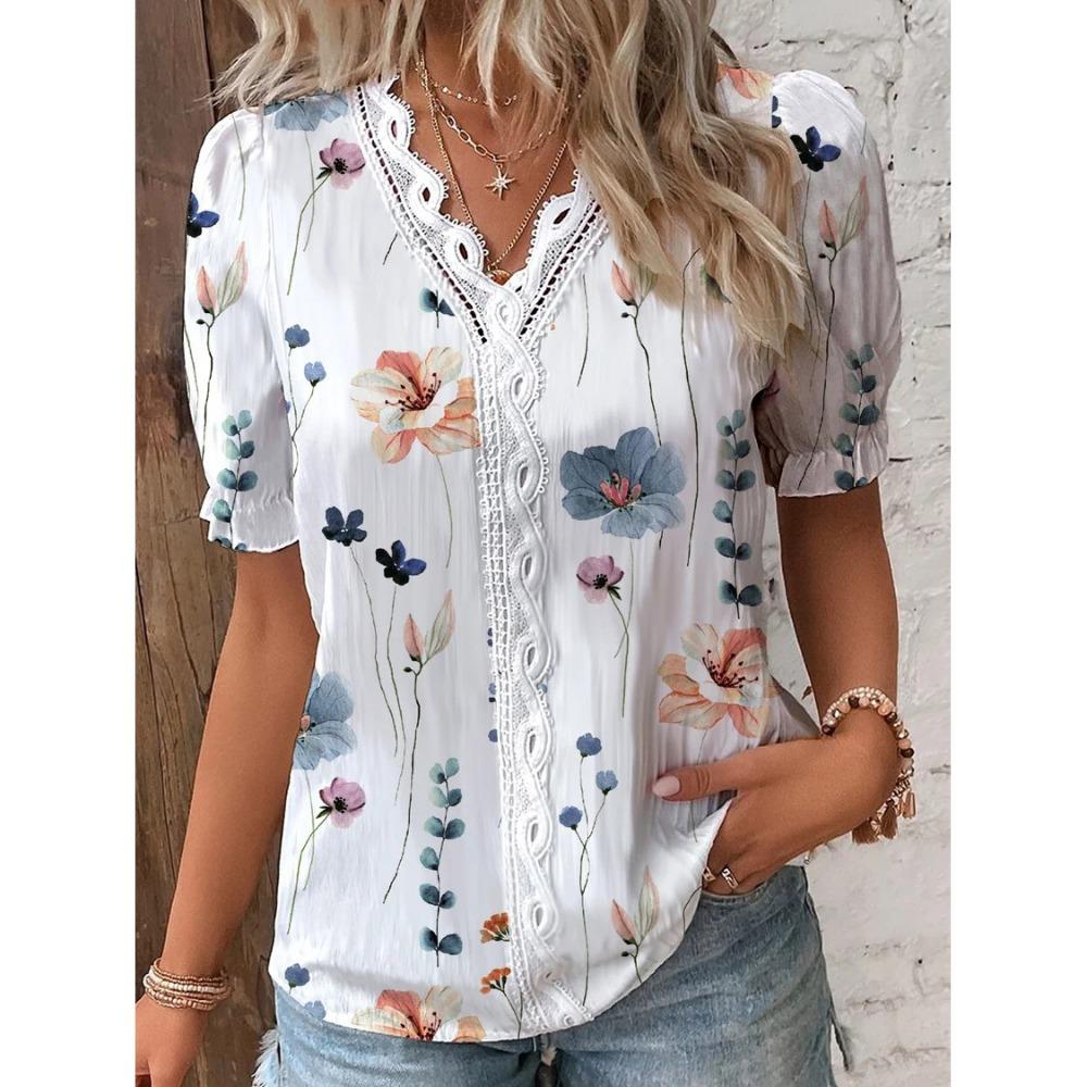 Summer V Neck Short Sleeve Lace Patchwork Blouse Women's Floral Print Tops