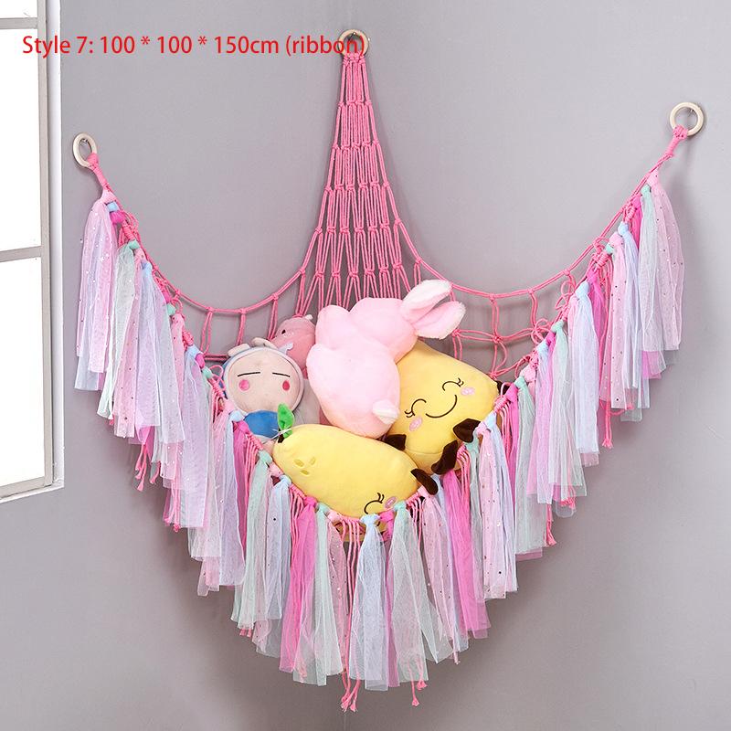 Triangular Toy Hammock Handwoven Cotton Rope Wall Storage for Stuffed Animals Plush Toys and Decor Macrame Toy Net With Fringe