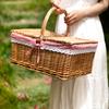 Lace Decor Large Capacity Wicker Woven Basket Fruit Egg Food Basket with Handle Lid Camping Accessories