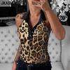 Women's Fashion Casual Summer Spring Leopard Print Sleeveless POLO Neck Blouses & Shirts