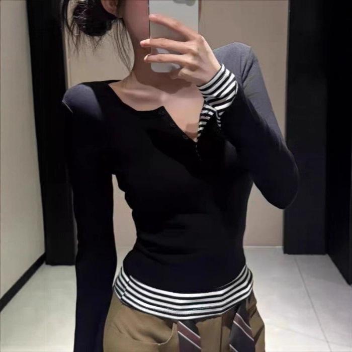 2025 Women's Autumn/Winter Striped Color Block Long-Sleeve Patchwork Two-in-One T-Shirt