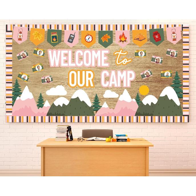 Camping Bulletin Board Set Woodland Classroom Decor Welcome to Our Camp Forest Mountain Classroom Decorations Border Adventure DIY Photo Craft Camper