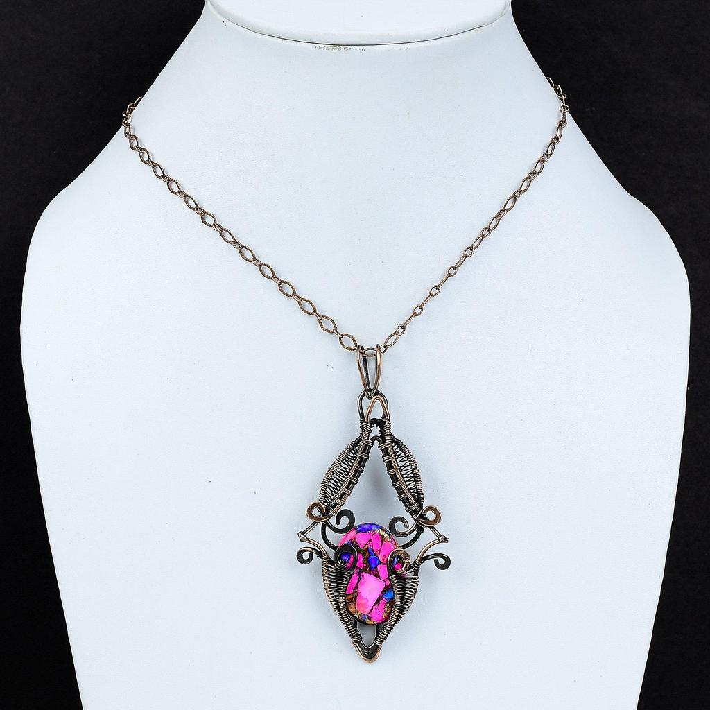 Натуральный Кингман Розовый Георгин Бирюзовый Кулон Медная Проволока Обмотка Ювелирные Изделия Подлинный Драгоценный Камень Кулон Медная Проволока Обмотка Кулон Ручная Работа Ювелирные Изделия