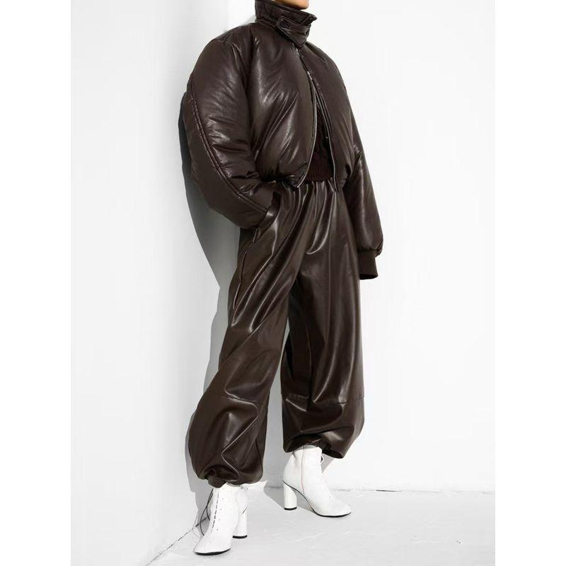 Модный стиль Брюки-шаровары с кулиской на щиколотке Свободные кожаные брюки Брюки из ПУ-кожи Свободные брюки из ПУ-кожи