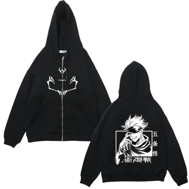 Куртки на молнии в стиле аниме, толстовки с принтом Jujutsu Kaisen, флисовые толстовки с принтом Satoru Gojo, манга, повседневные пальто, уличная одежда, одежда Y2K