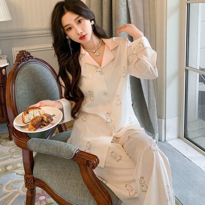 Шелковая пижама женская кардиган с длинными рукавами и длинными штанами пижамный комплект с принтом Kawaii Одежда Домашняя одежда