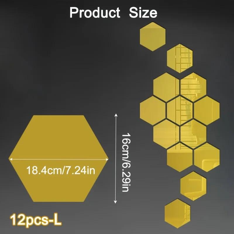 12Pcs Hexagon Acrylic Mirror 3D Wall Sticker Mirror Home Decoration DIY Removable Mirror for Living-Room Art Ornaments